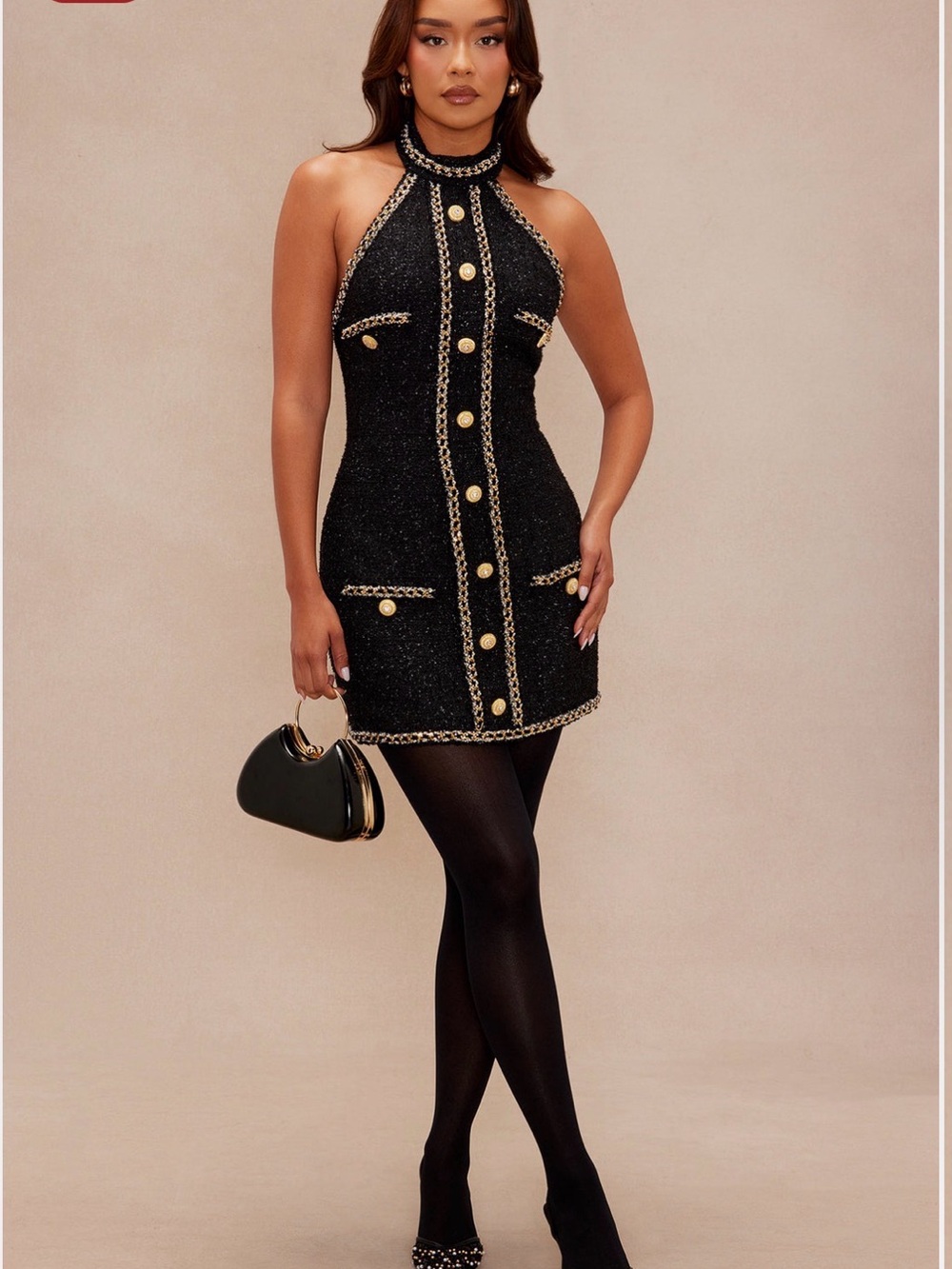 Fashion Nova Black Tweed Halter Mini Dress with Gold Trim